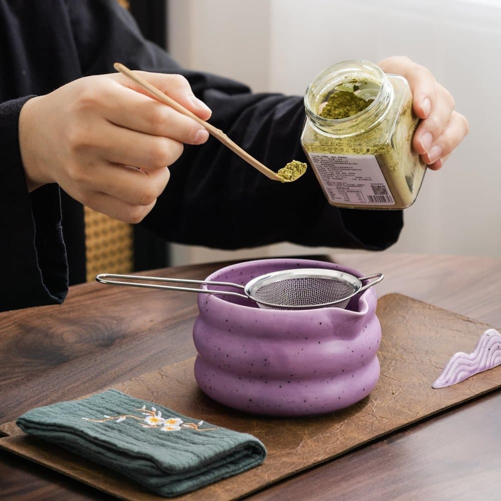 7-Piece Ceramic Matcha Tea Set with Bowl Whisk and Accessories, Purple