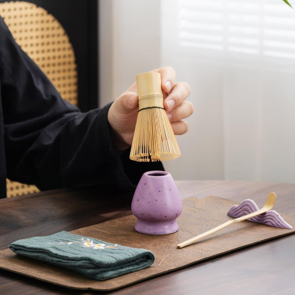 7-Piece Ceramic Matcha Tea Set with Bowl Whisk and Accessories, Purple