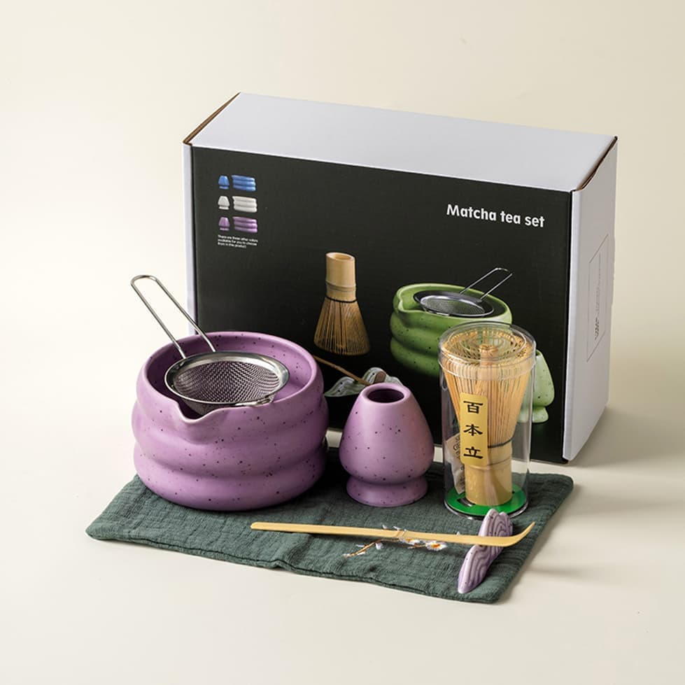 7-Piece Ceramic Matcha Tea Set with Bowl Whisk and Accessories, Purple