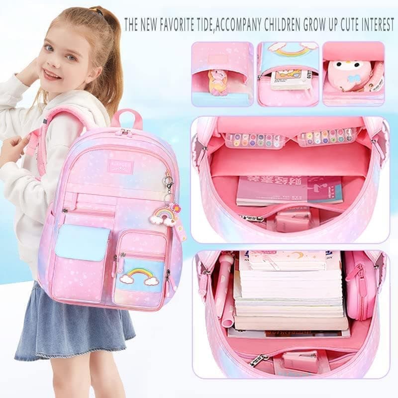 Waterproof Kawaii School Backpack for Girls with Reflective Strap, Purple, Compatible with Children and Teenage Girls