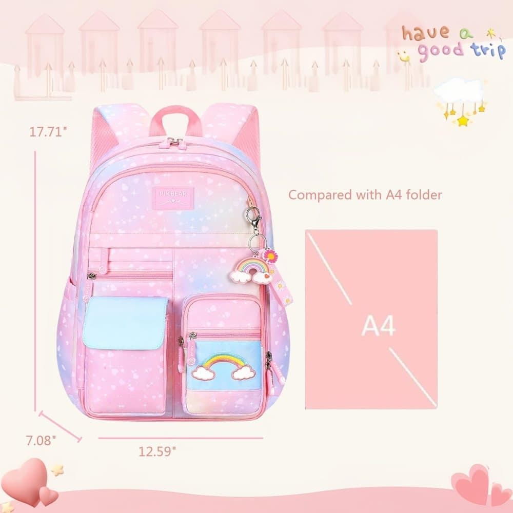 Waterproof Kawaii School Backpack for Girls with Reflective Strap, Purple, Compatible with Children and Teenage Girls