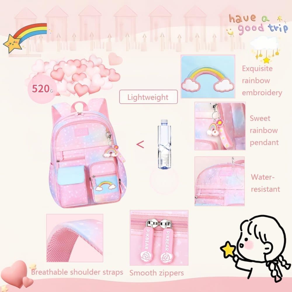 Waterproof Kawaii School Backpack for Girls with Reflective Strap, Purple, Compatible with Children and Teenage Girls