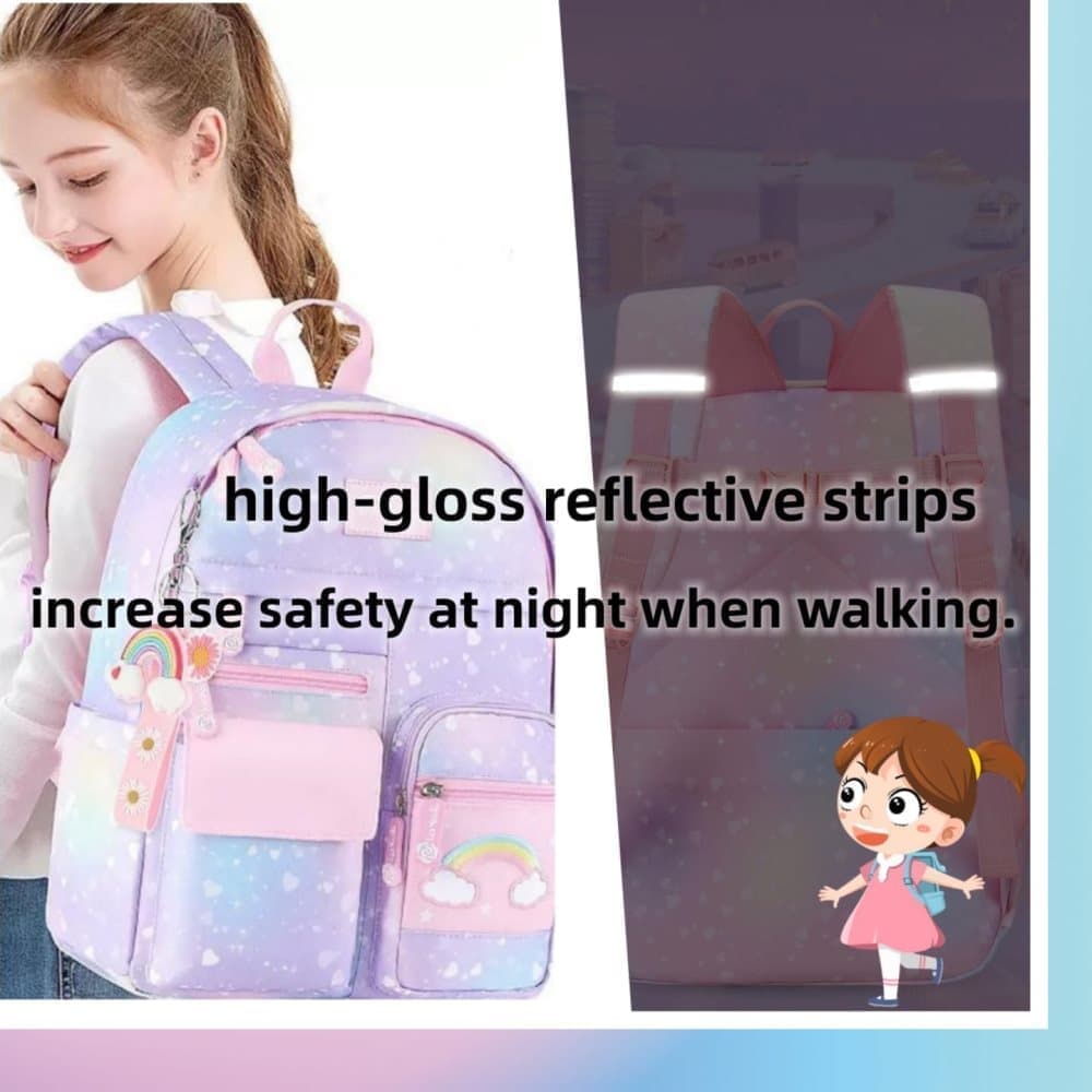 Waterproof Kawaii School Backpack for Girls with Reflective Strap, Purple, Compatible with Children and Teenage Girls
