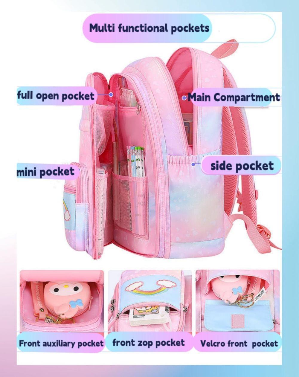 Pink Kawaii Waterproof School Backpack for Girls with Reflective Strap, Children and Teenage Backpack