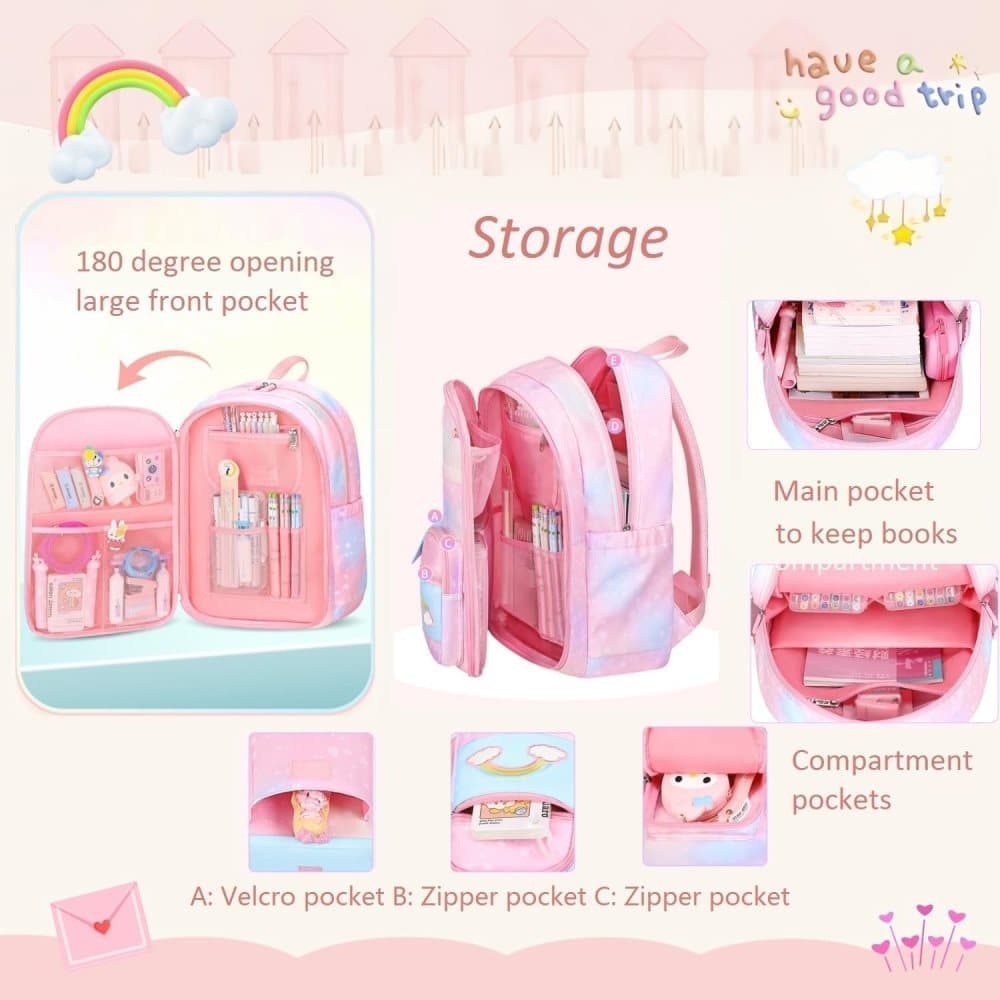 Pink Kawaii Waterproof School Backpack for Girls with Reflective Strap, Children and Teenage Backpack