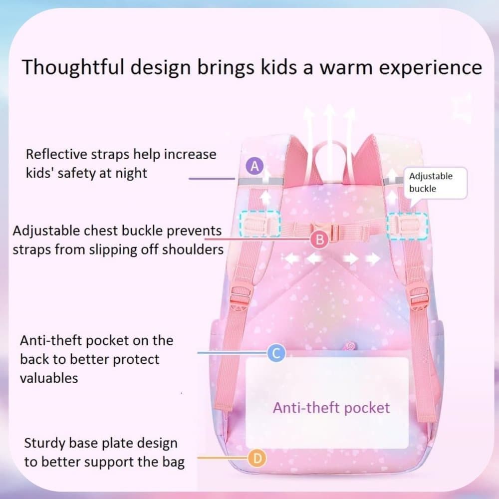 Pink Kawaii Waterproof School Backpack for Girls with Reflective Strap, Children and Teenage Backpack
