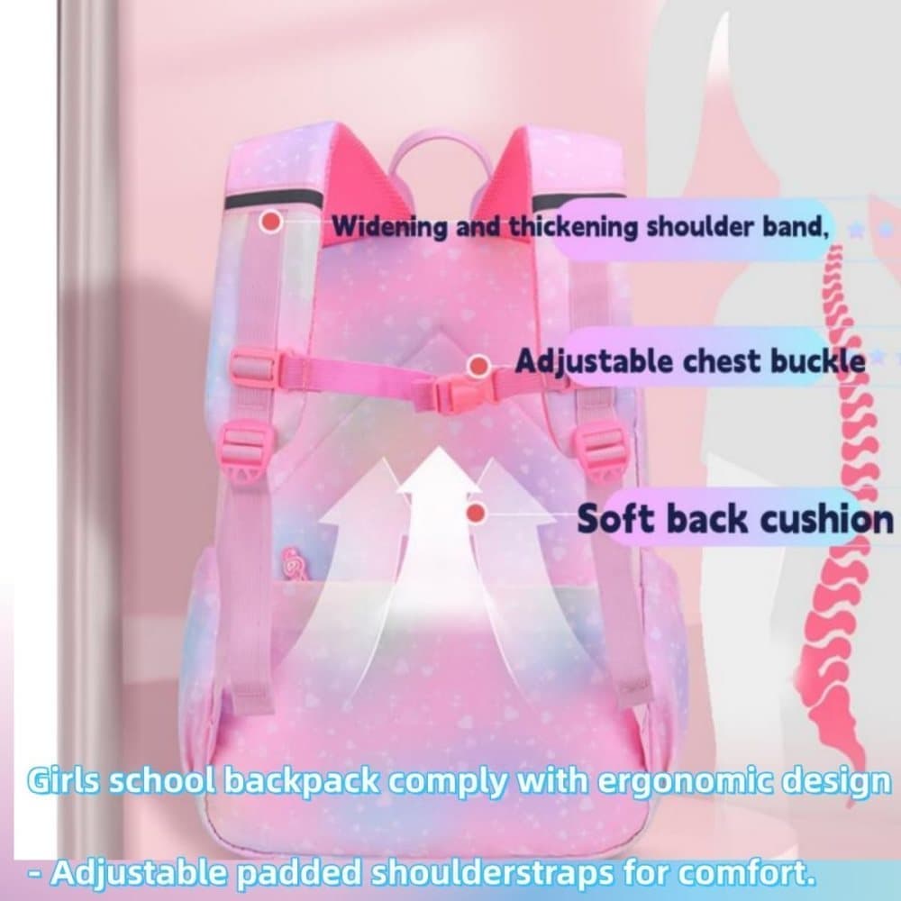 Pink Kawaii Waterproof School Backpack for Girls with Reflective Strap, Children and Teenage Backpack