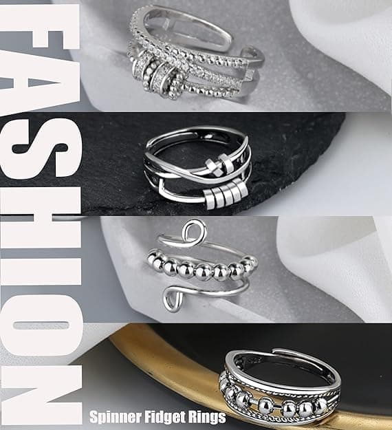 4 pcs Anti-Stress Ring with Rotating Beads, Silver, Compatible with Fidget Spinner Rings