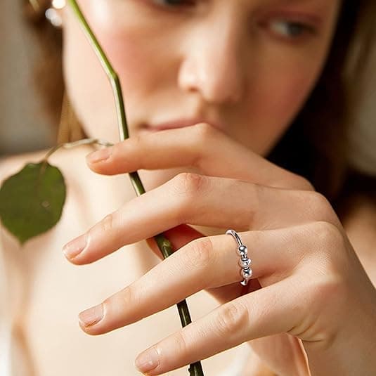 6-Pack Adjustable Antistress Ring with Rotating Beads, Silver