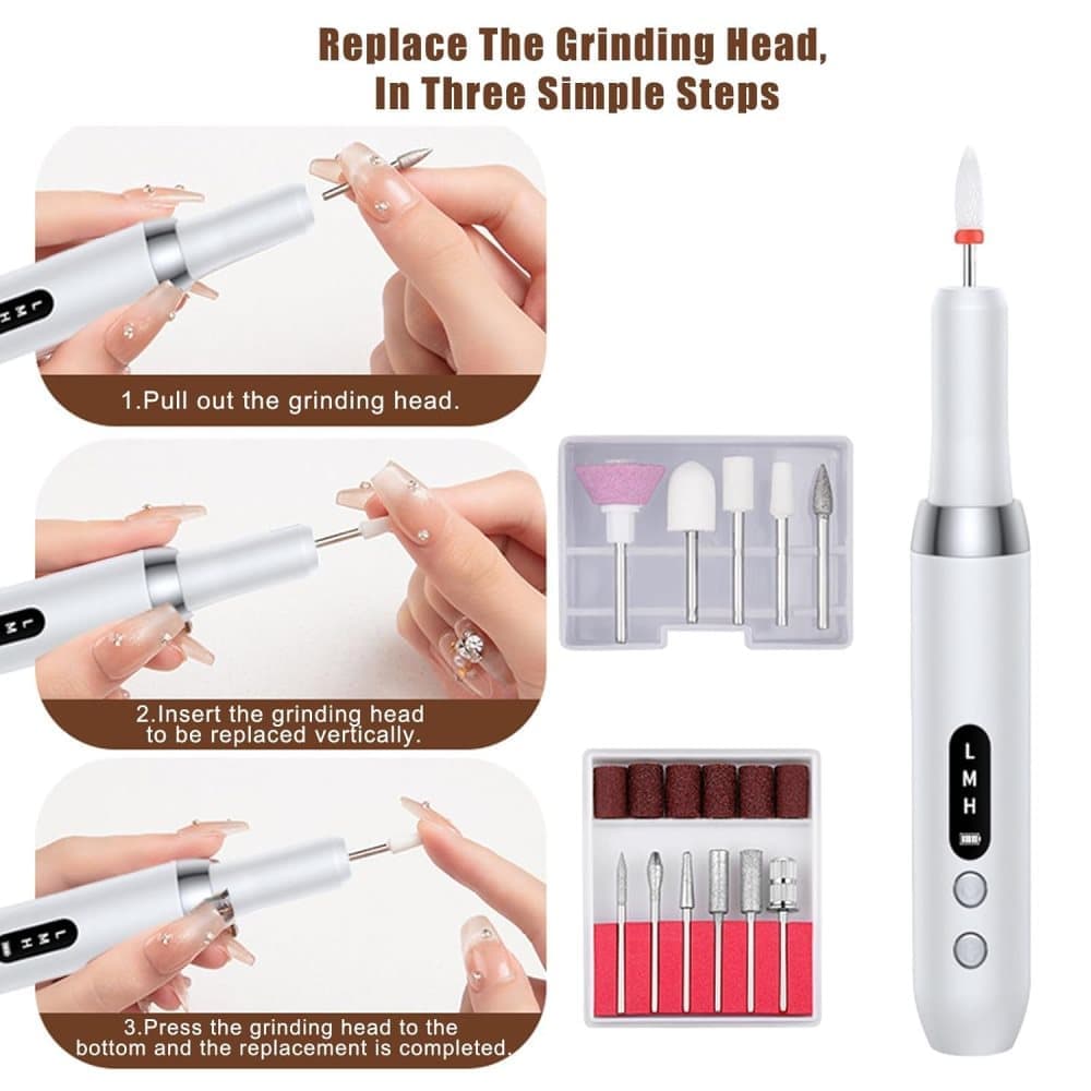 12 Grinding Heads Electric Nail File, Rechargeable 15000RPM Adjustable Speed, Wood