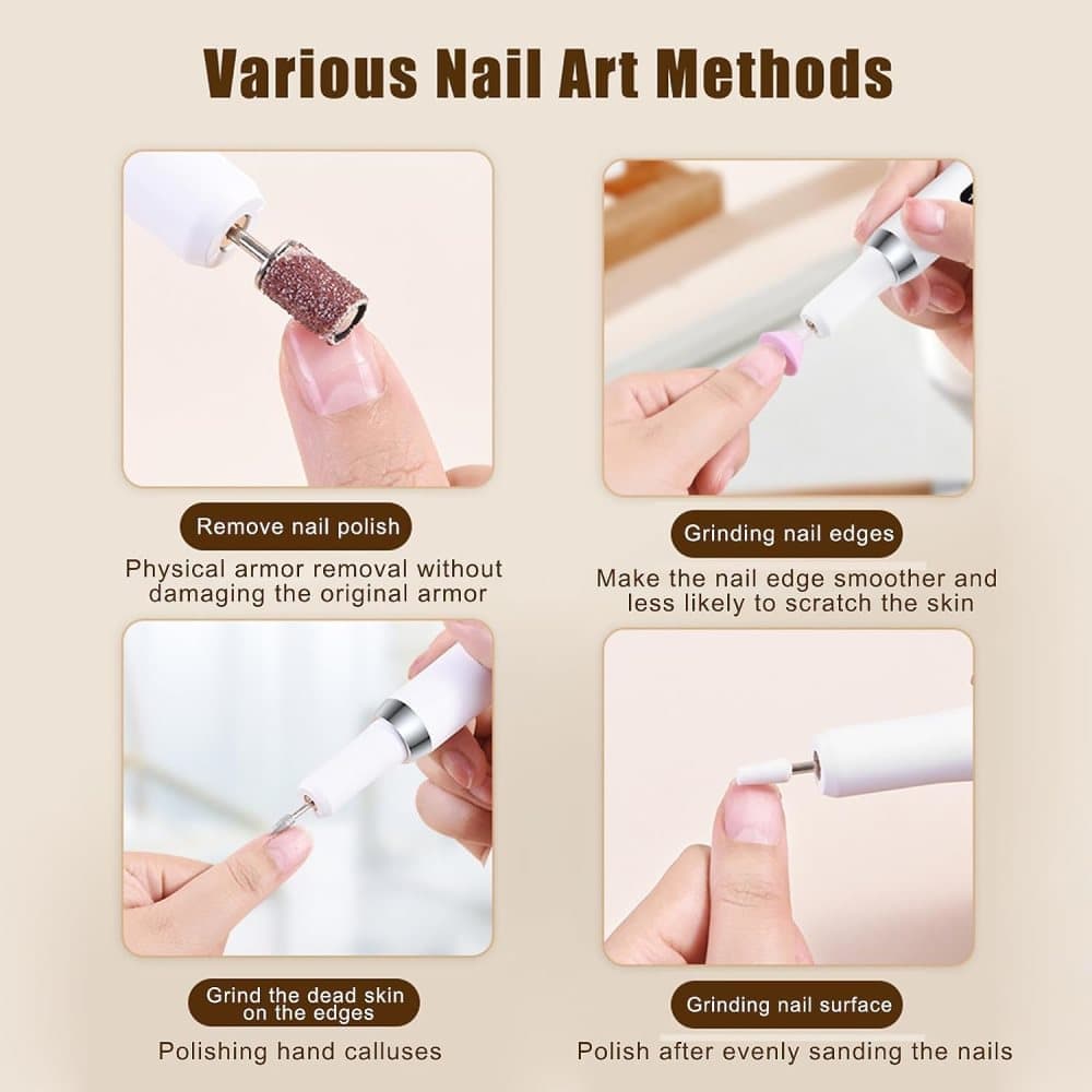 12 Grinding Heads Electric Nail File, Rechargeable 15000RPM Adjustable Speed, Wood