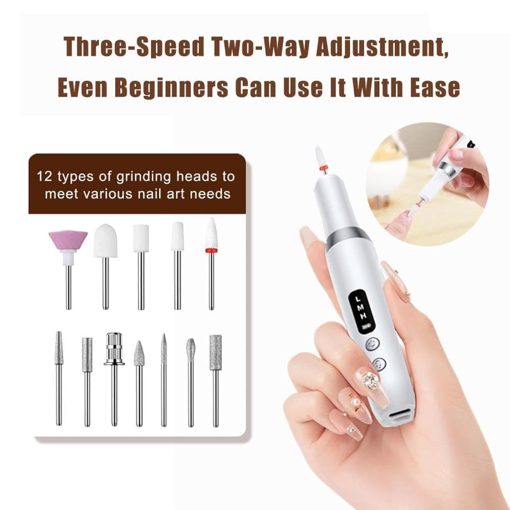 12 Grinding Heads Electric Nail File, Rechargeable 15000RPM Adjustable Speed, Wood