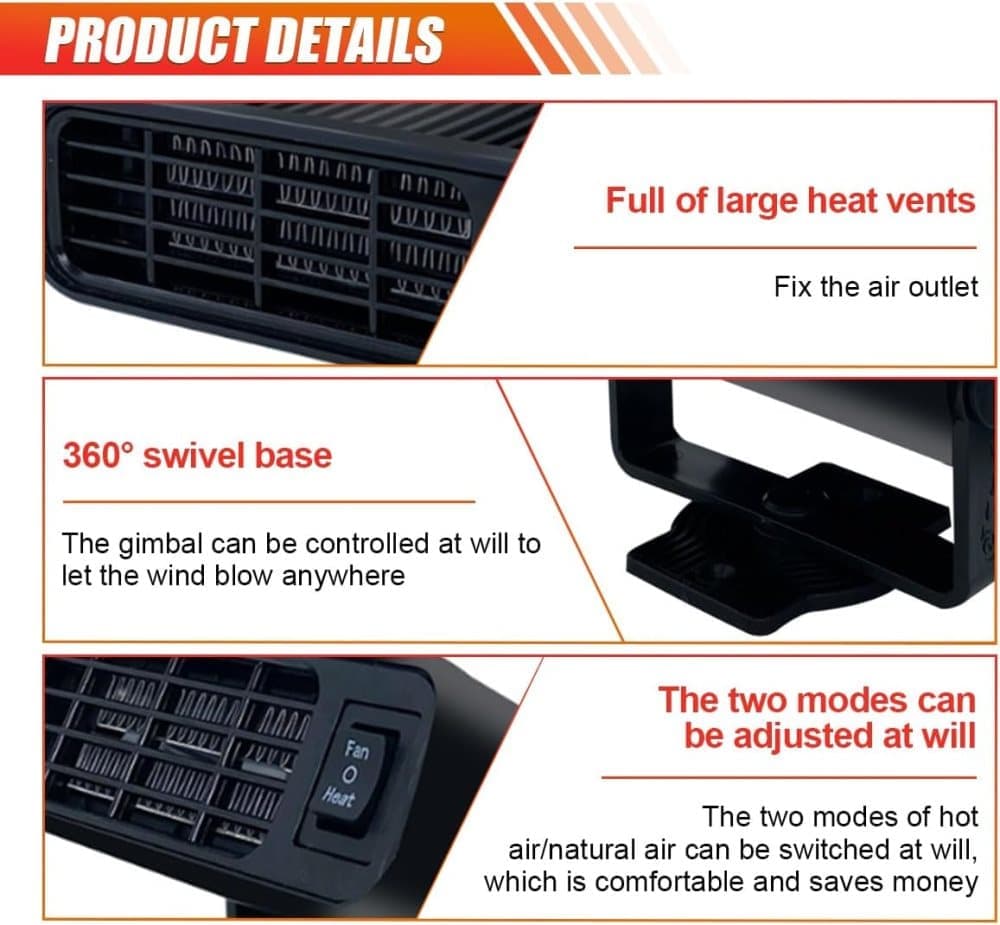12V 200W Portable Car Heater and Fan 2-in-1 with 360° Rotation, Fast Defrosting and Windshield Demisting, Black