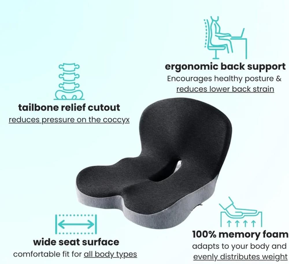Ergonomic Memory Foam Seat Cushion with Lumbar Support and Tailbone Protection for Office Chairs, Driving and Home, Dark Gray, L-Shaped