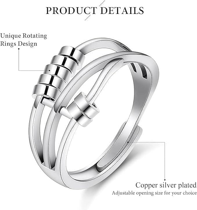 6 pcs Rotatable Anti-Stress Ring with Rotating Beads, Silver, Compatible with Fidget Spinner Rings