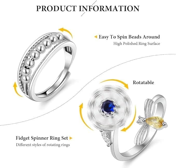 6 pcs Rotatable Anti-Stress Ring with Rotating Beads, Silver, Compatible with Fidget Spinner Rings