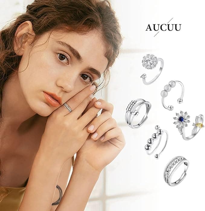 6 pcs Rotatable Anti-Stress Ring with Rotating Beads, Silver, Compatible with Fidget Spinner Rings