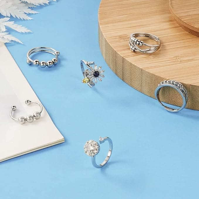 6 pcs Rotatable Anti-Stress Ring with Rotating Beads, Silver, Compatible with Fidget Spinner Rings