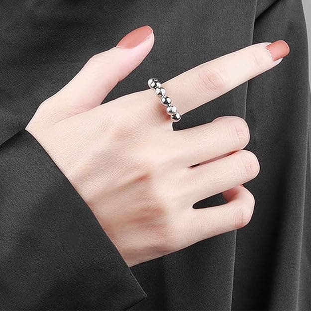 6-Pack Adjustable Anti-Stress Ring with Rotating Beads, Silver, Compatible with Fidget Spinner Rings