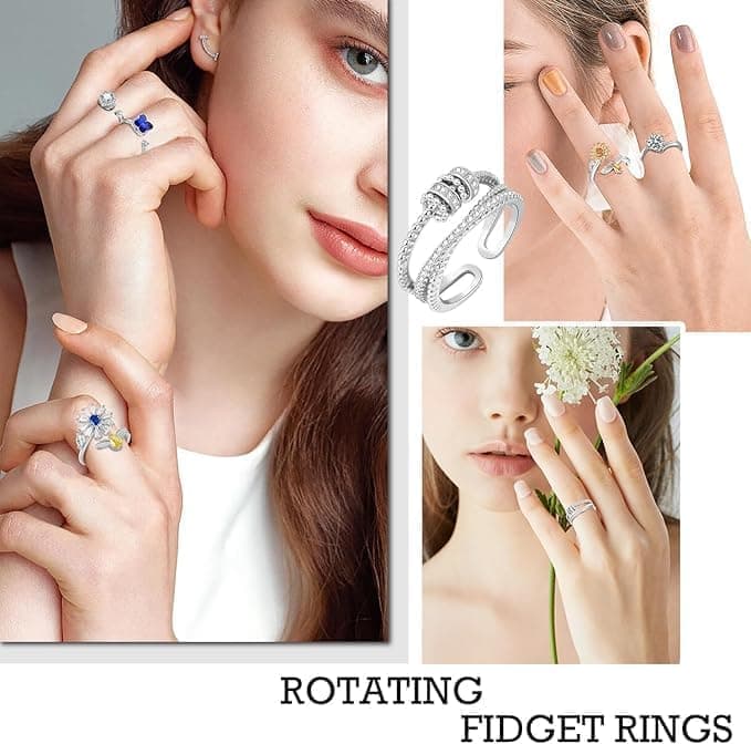 6-Pack Adjustable Anti-Stress Ring with Rotating Beads, Silver, Compatible with Fidget Spinner Rings