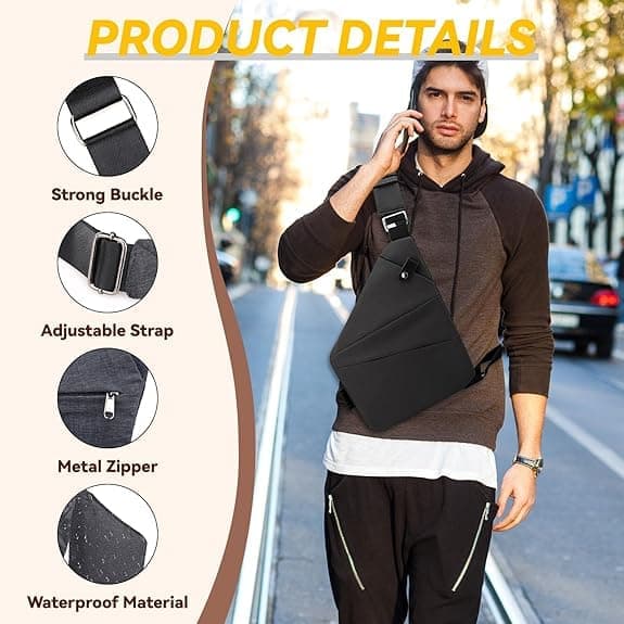 Anti-Theft Shoulder Bag Waterproof Unisex with Multiple Compartments for Sports Travel and Excursions, Black