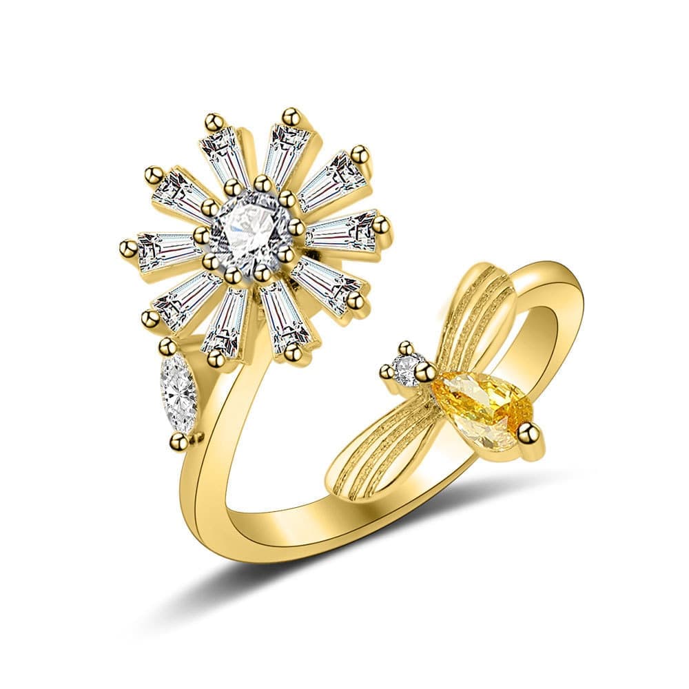 8 pcs Adjustable Antistress Ring with Rotating Beads, Gold, Compatible with Fidget Spinner Rings