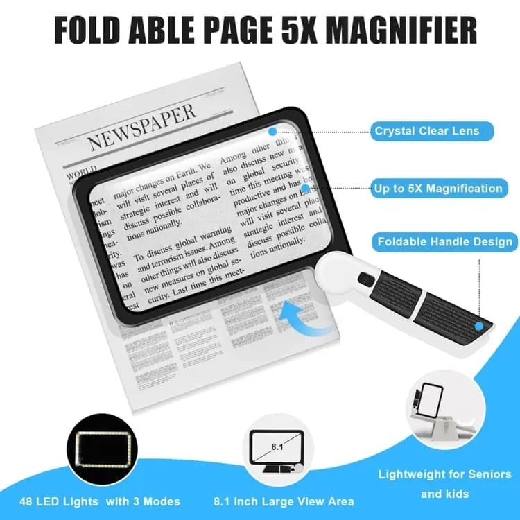 5X Magnifying Glass with 48 LED Lights, 3 Modes for Reading