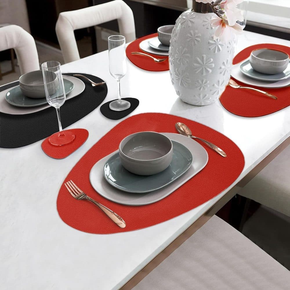 4-Pack Faux Leather Placemats Waterproof Non-Slip Easy-to-Dry Double-Sided, Black, 12x18 Inches