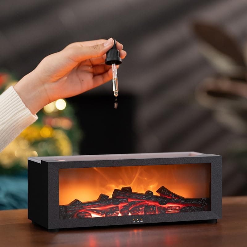 2-in-1 LED Humidifier with Fireplace Effect, 150ml Aromatherapy Diffuser, 3 Timer Settings, Remote Control, Quiet Operation, Black
