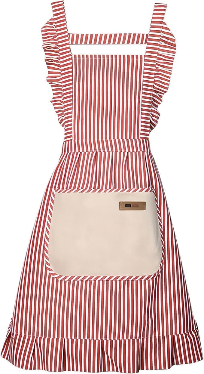 2-Pack Women's Cotton Linen Blend Kitchen Apron with Adjustable Straps and Lace Pocket, Pink