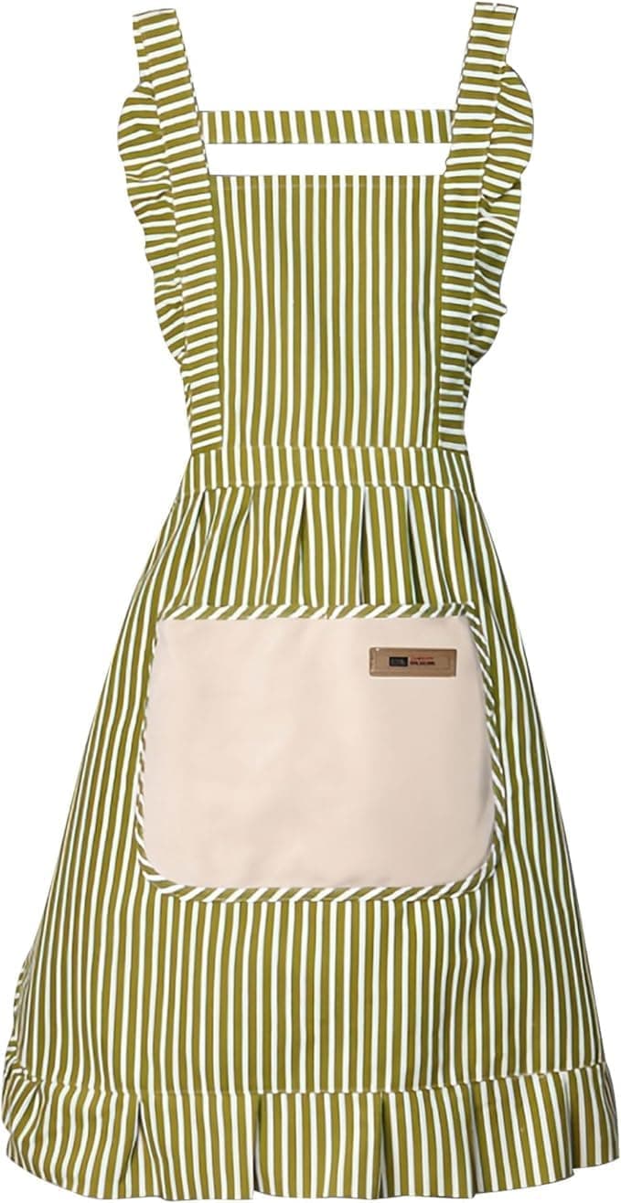 2-Pack Women's Kitchen Apron with Adjustable Straps, Cotton Linen Blend, Lace Pocket, Green
