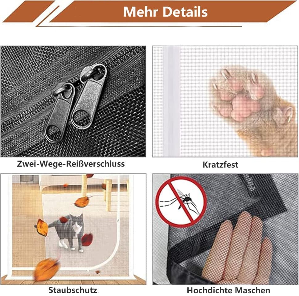 Black Cat Repellent Zipper Door Curtain, 80x200cm, Durable Mesh Protects Against Cats and Pests, Easy to Install