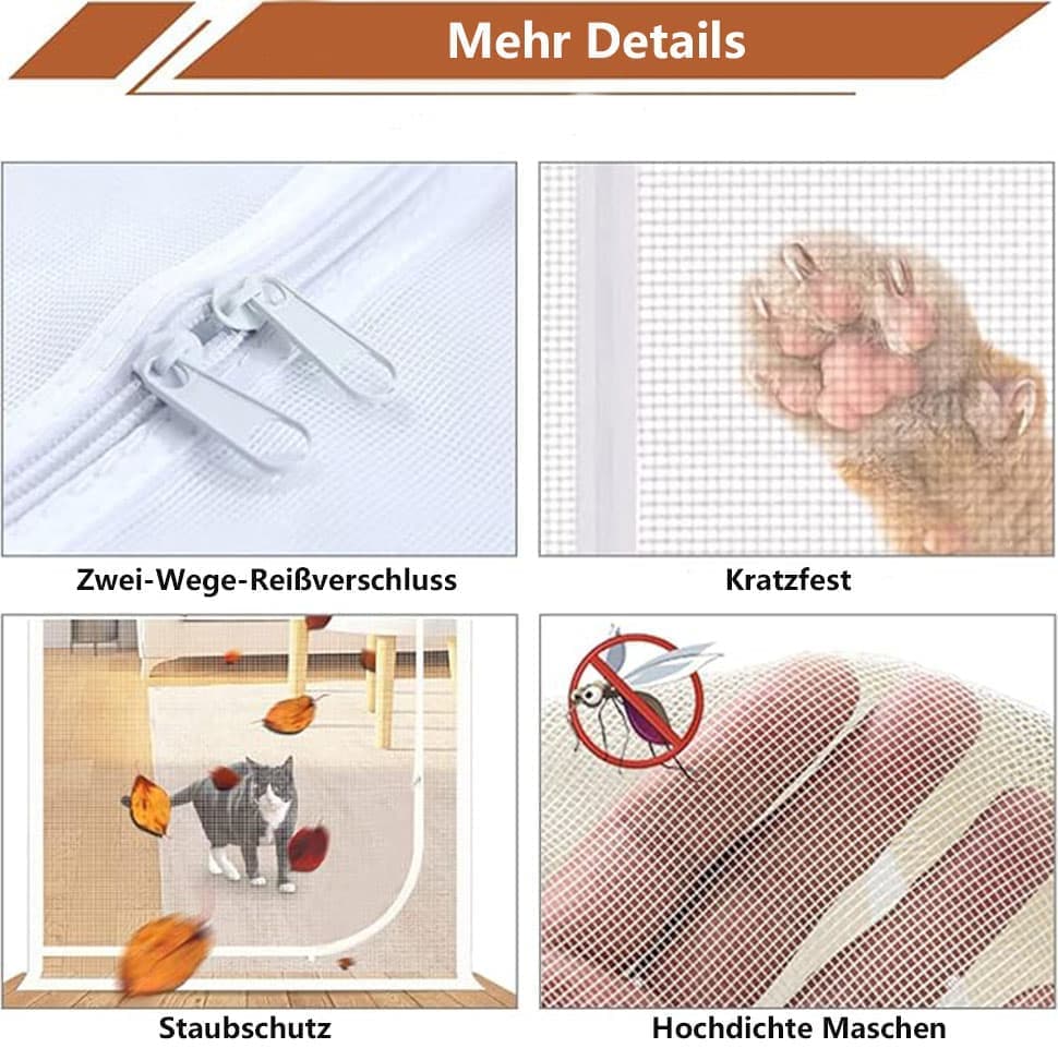 1pc Durable Cat-Repellent Zipper Door Curtain, Easy to Install Mesh Protects Against Cats and Pests, 100x210cm, White