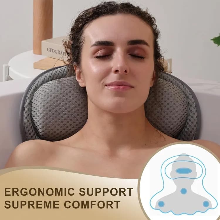 6 Suction Cups Bathtub Cushion with Ergonomic Neck and Back Support 4D Air Mesh, Gray