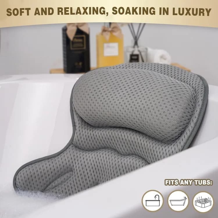 6 Suction Cups Bathtub Cushion with Ergonomic Neck and Back Support 4D Air Mesh, Gray