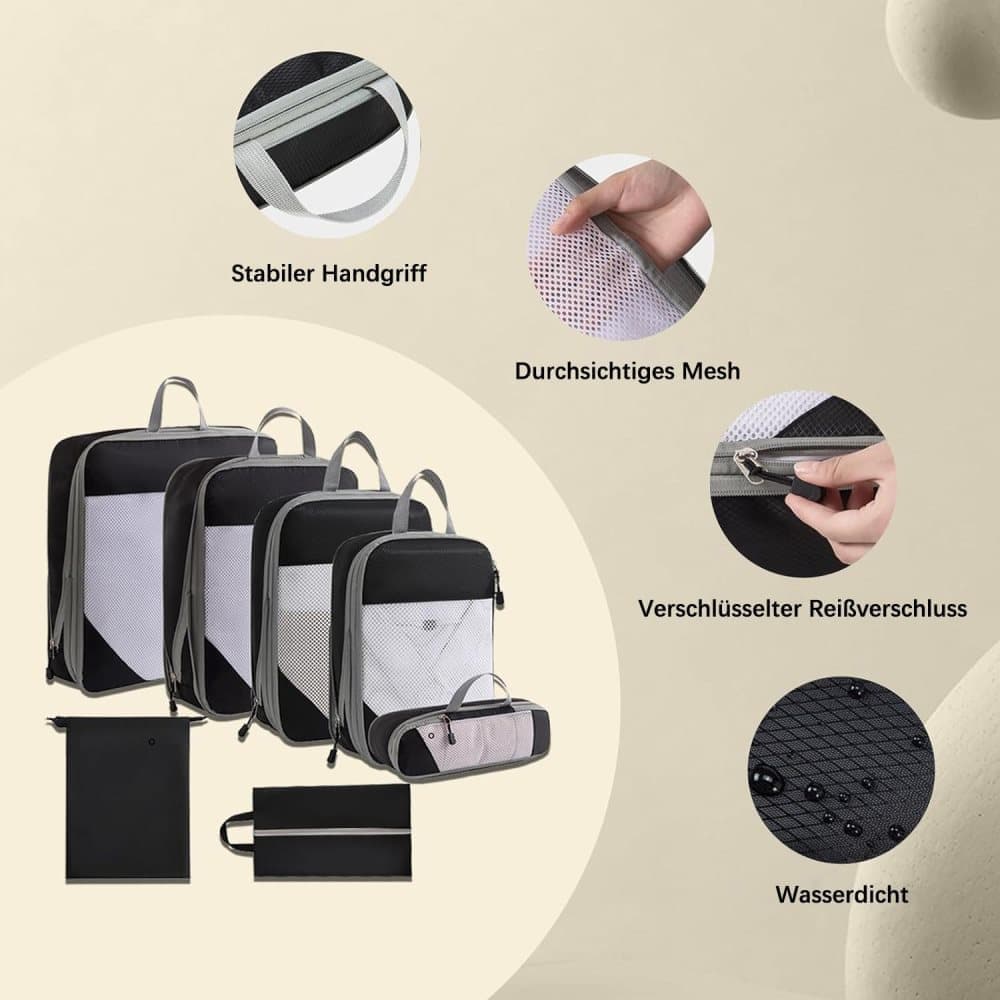 7-Piece Compression Bags for Suitcase & Backpack, Black, Lightweight Travel Packing Organizers