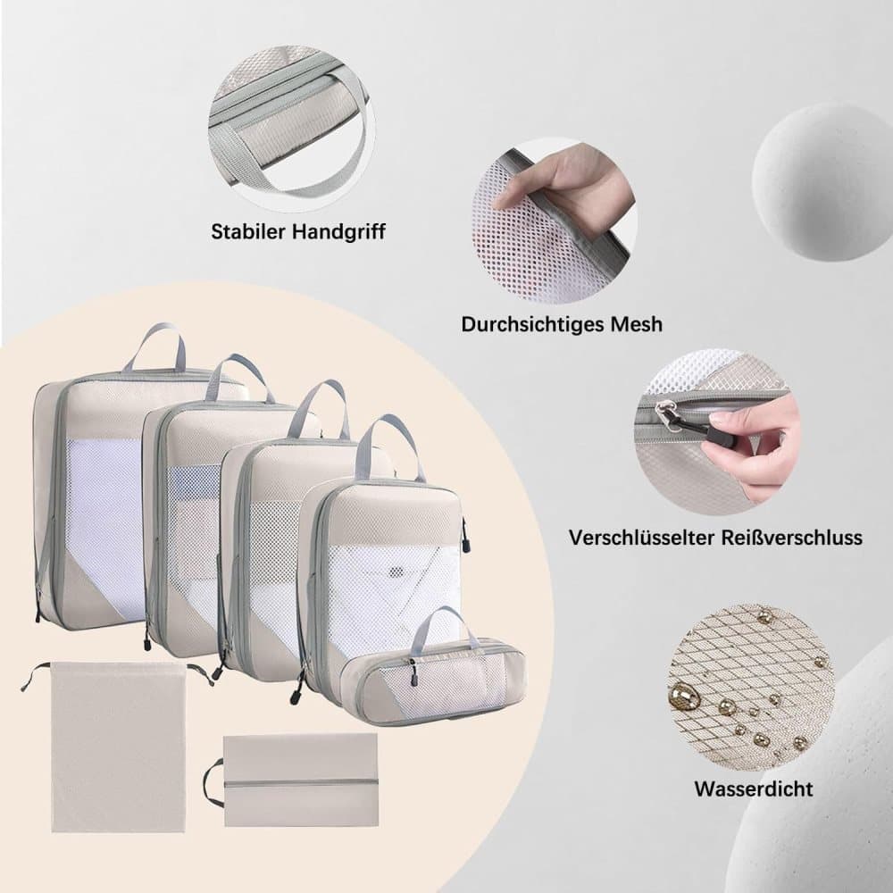 7-Piece Lightweight Travel Compression Bags for Suitcase & Backpack, Beige