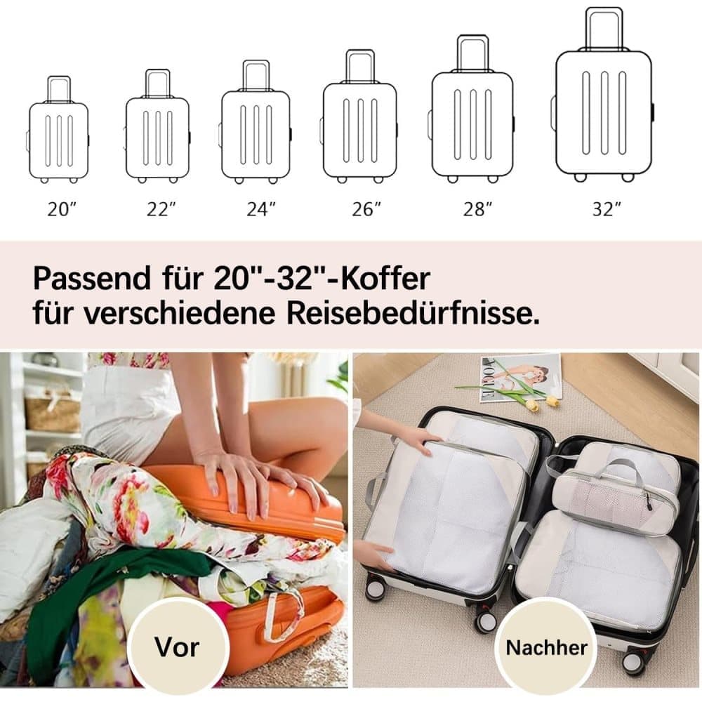 7-Piece Lightweight Travel Compression Bags for Suitcase & Backpack, Beige