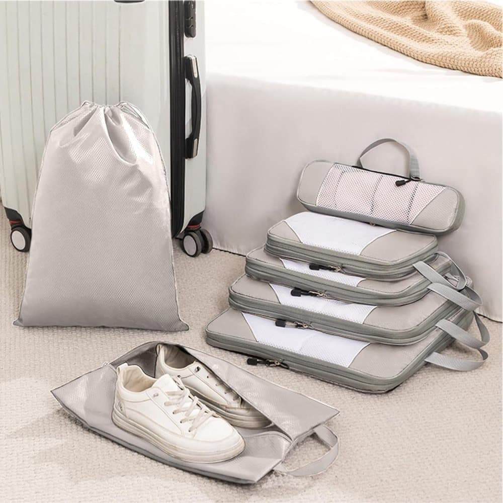 7-Piece Lightweight Travel Compression Bags for Suitcase & Backpack, Beige