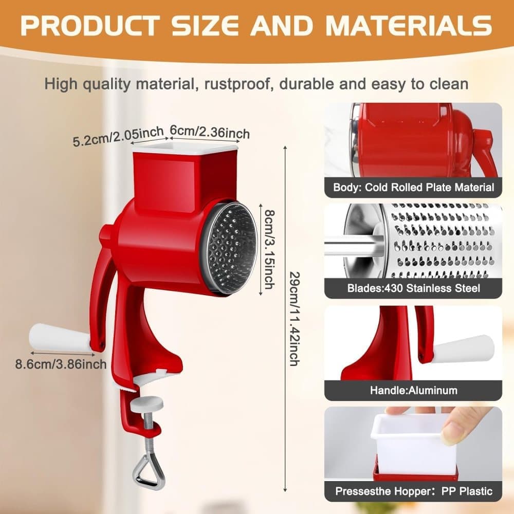 Manual nut grinder with 2 removable drum blades, cheese grater, peanut and almond grinder