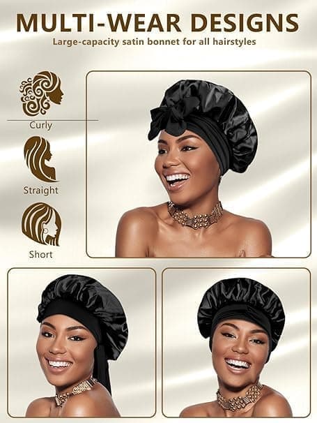 Silky Satin Sleeping Cap for Women and Girls, Double Layered Hair Protection Cap with Adjustable Fit, Black
