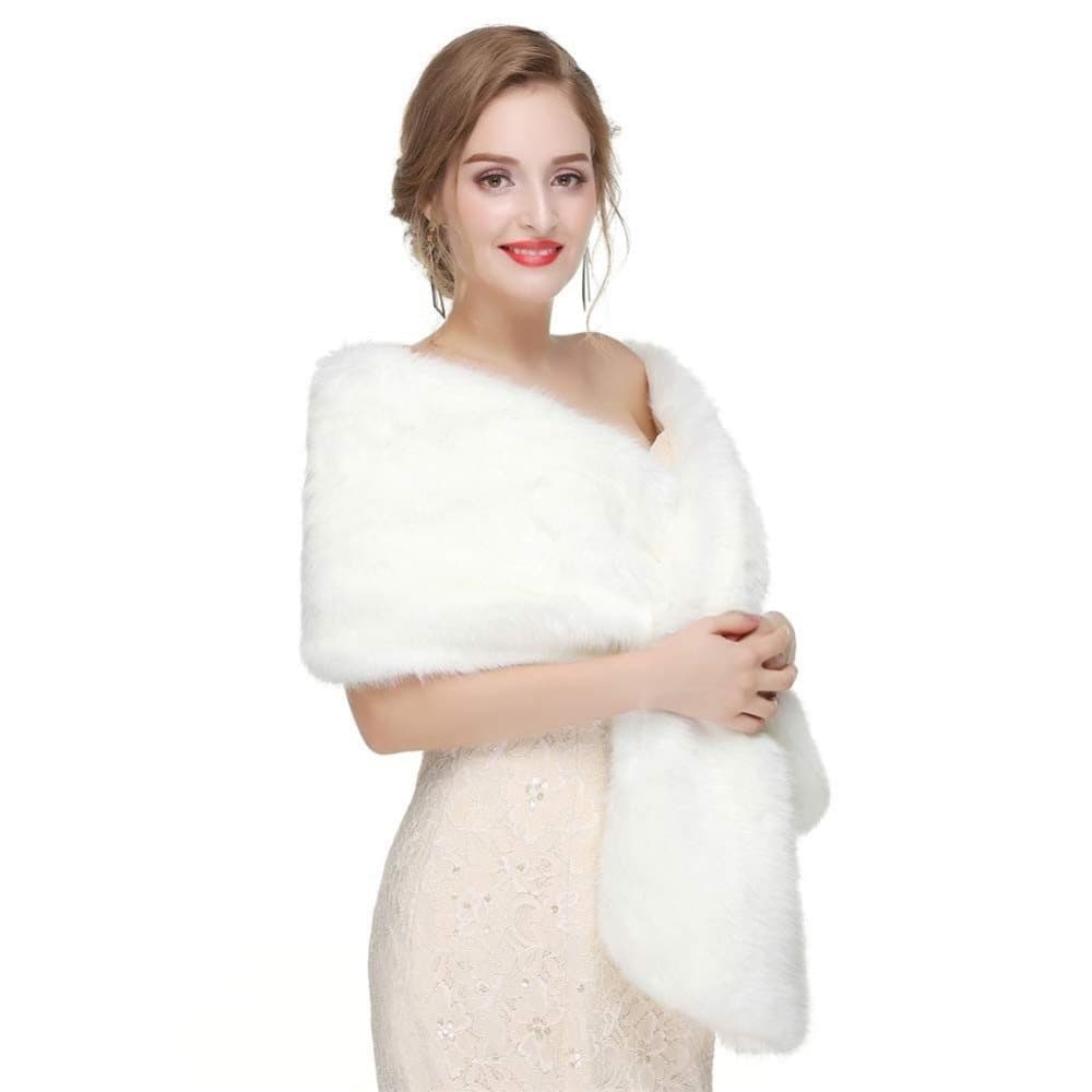White Faux Fur Scarf Shawl for Women, Warm Large Long, with Faux Fur Trim, for Party Wedding Evening Dress Winter
