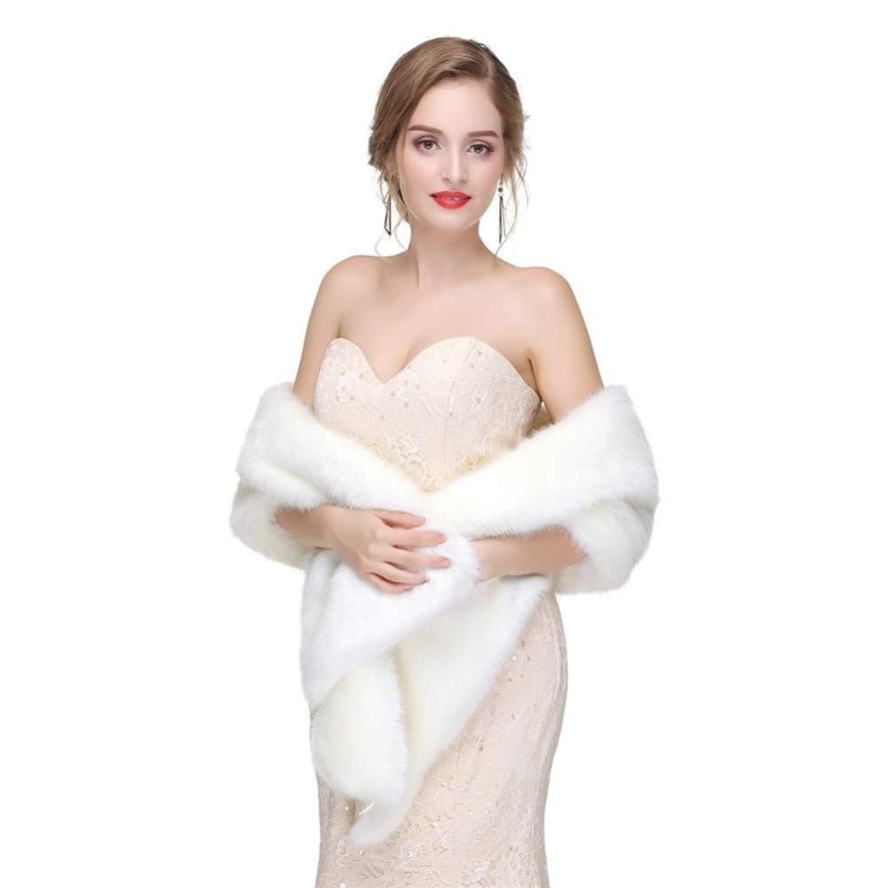 White Faux Fur Scarf Shawl for Women, Warm Large Long, with Faux Fur Trim, for Party Wedding Evening Dress Winter