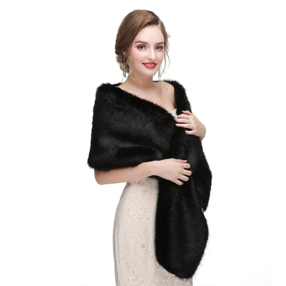 Black Faux Fur Scarf Shawl for Women, Warm Long Large Bridal Shoulder Warmer for Party Wedding Evening Dress Winter Use