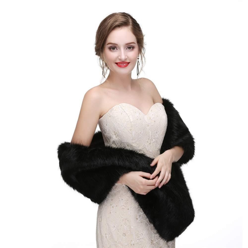 Black Faux Fur Scarf Shawl for Women, Warm Long Large Bridal Shoulder Warmer for Party Wedding Evening Dress Winter Use
