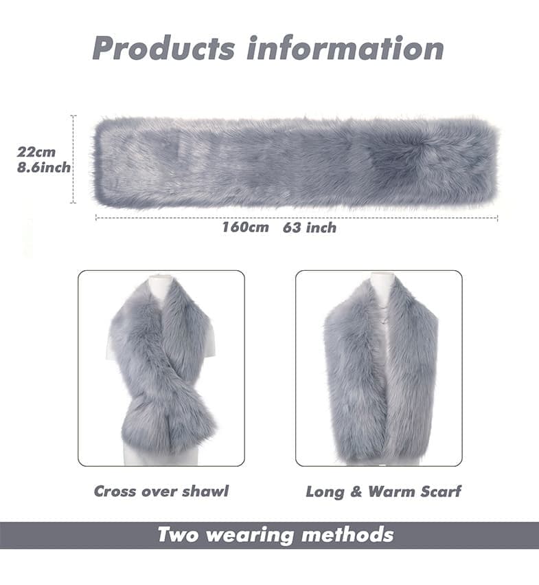 Faux Fur Scarf Shawl for Women, Warm Long Large, with Faux Fur Trim, Gray