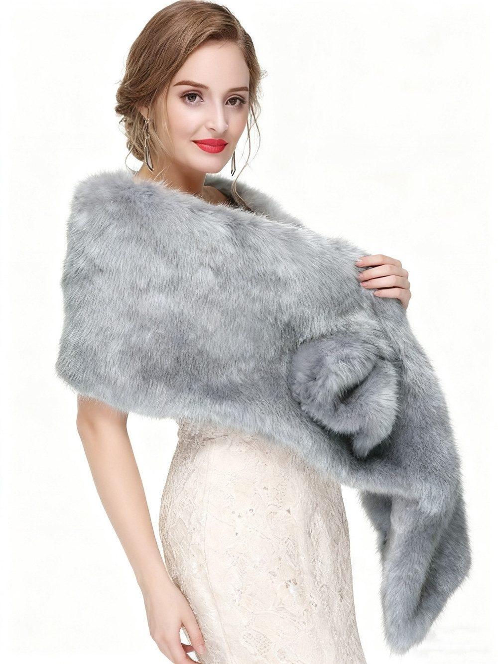 Faux Fur Scarf Shawl for Women, Warm Long Large, with Faux Fur Trim, Gray
