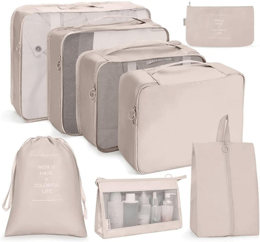 8-Piece Lightweight Water Resistant Travel Organizer for Bags, Beige