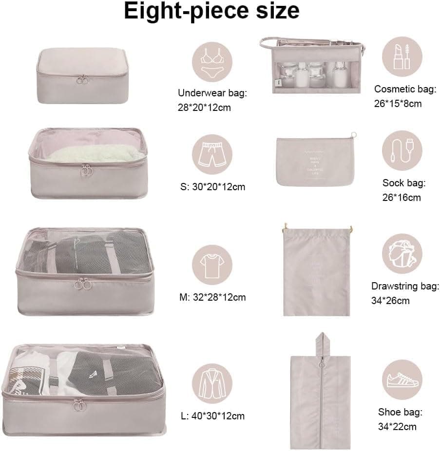 8-Piece Lightweight Water Resistant Travel Organizer for Bags, Beige