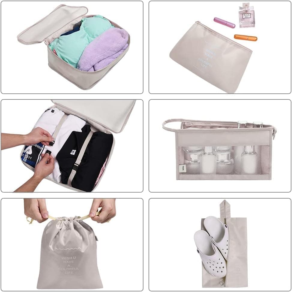 8-Piece Lightweight Water Resistant Travel Organizer for Bags, Beige